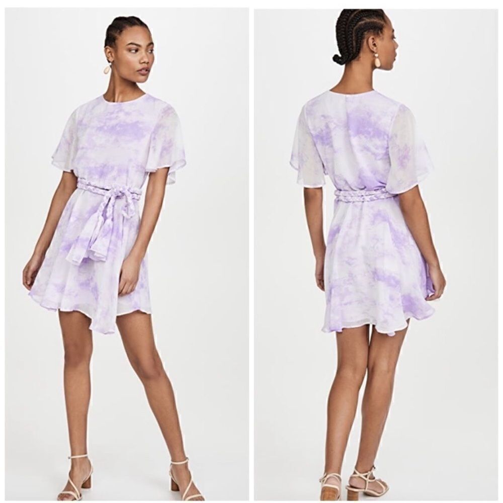 English Factory Purple Tie Dye Short Sleeve Braided Belted Mini Dress | SZ XS